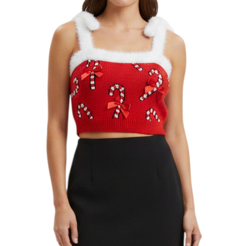 Forever 21 Christmas Peppermint Candy Canes Red Bows Knit Crop Sweater Top L